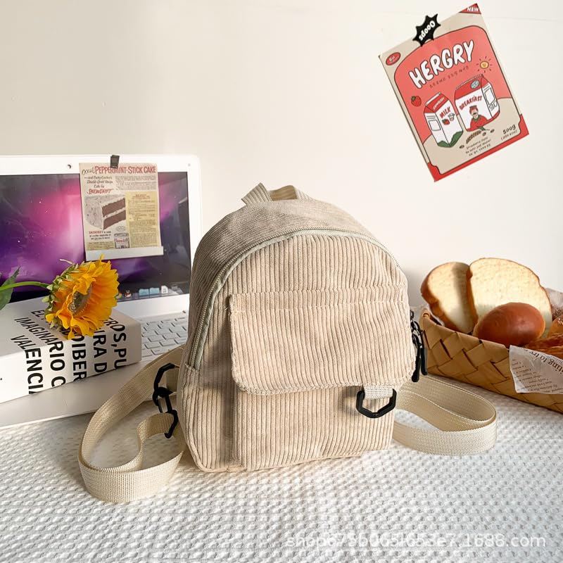 Mochila feminina de veludo cotelê, pequena casual, bolsa de ombro ajustável para viagens diárias, 6 cores disponíveis, Branco, 21cm×19cm×9cm