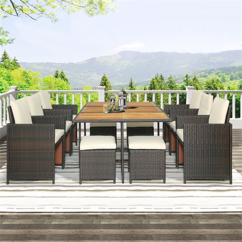 11-Piece Patio All-Weather PE Wicker Dining Table Set with Wood Tabletop for 10