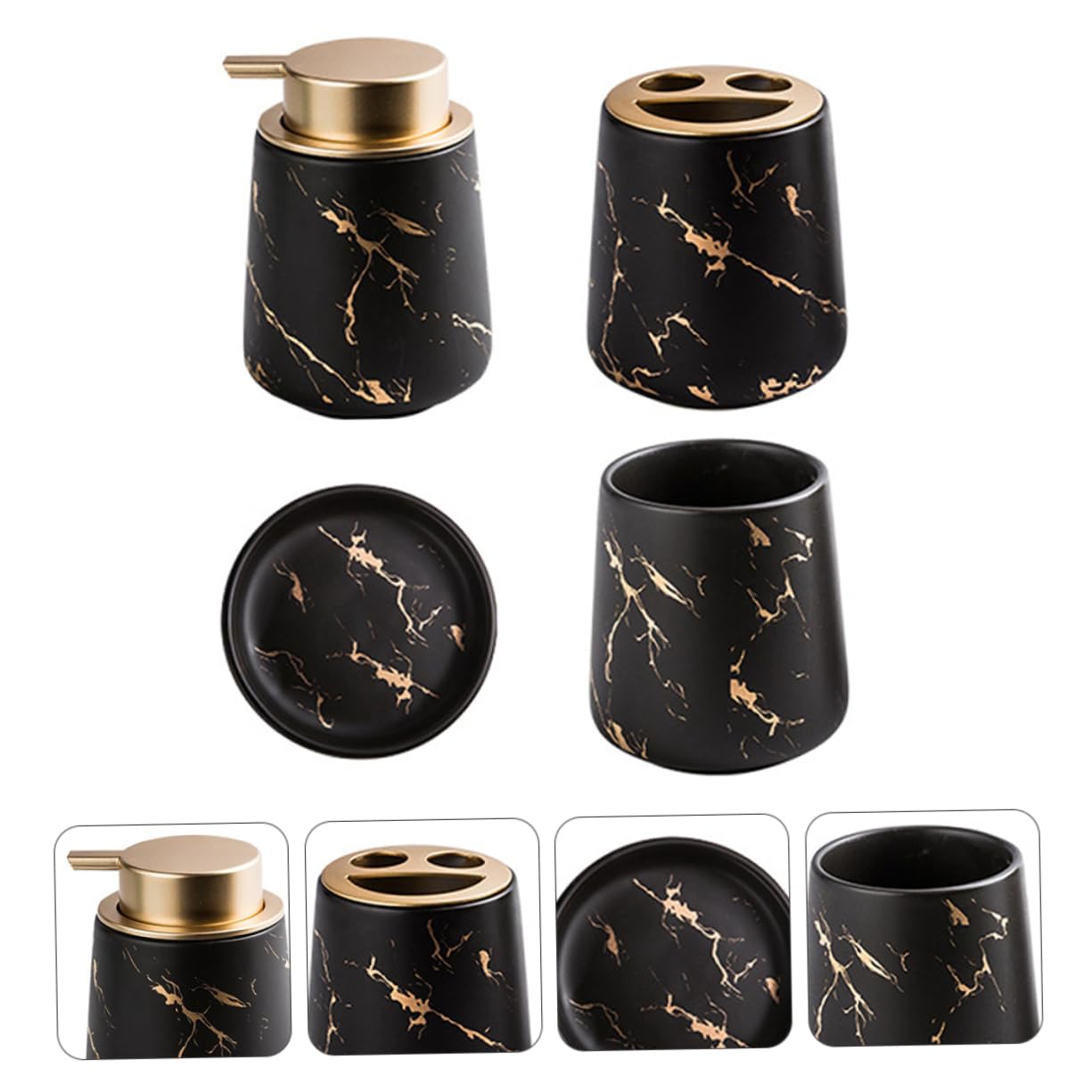 Juego de Accesorios de Baño Vaso para Cepillos de Dientes, Jabonera de Cerámica, Acabado Mármol Negro Mate, Set 4 Piezas, Adecuado para Baño y Organización Sanitaria