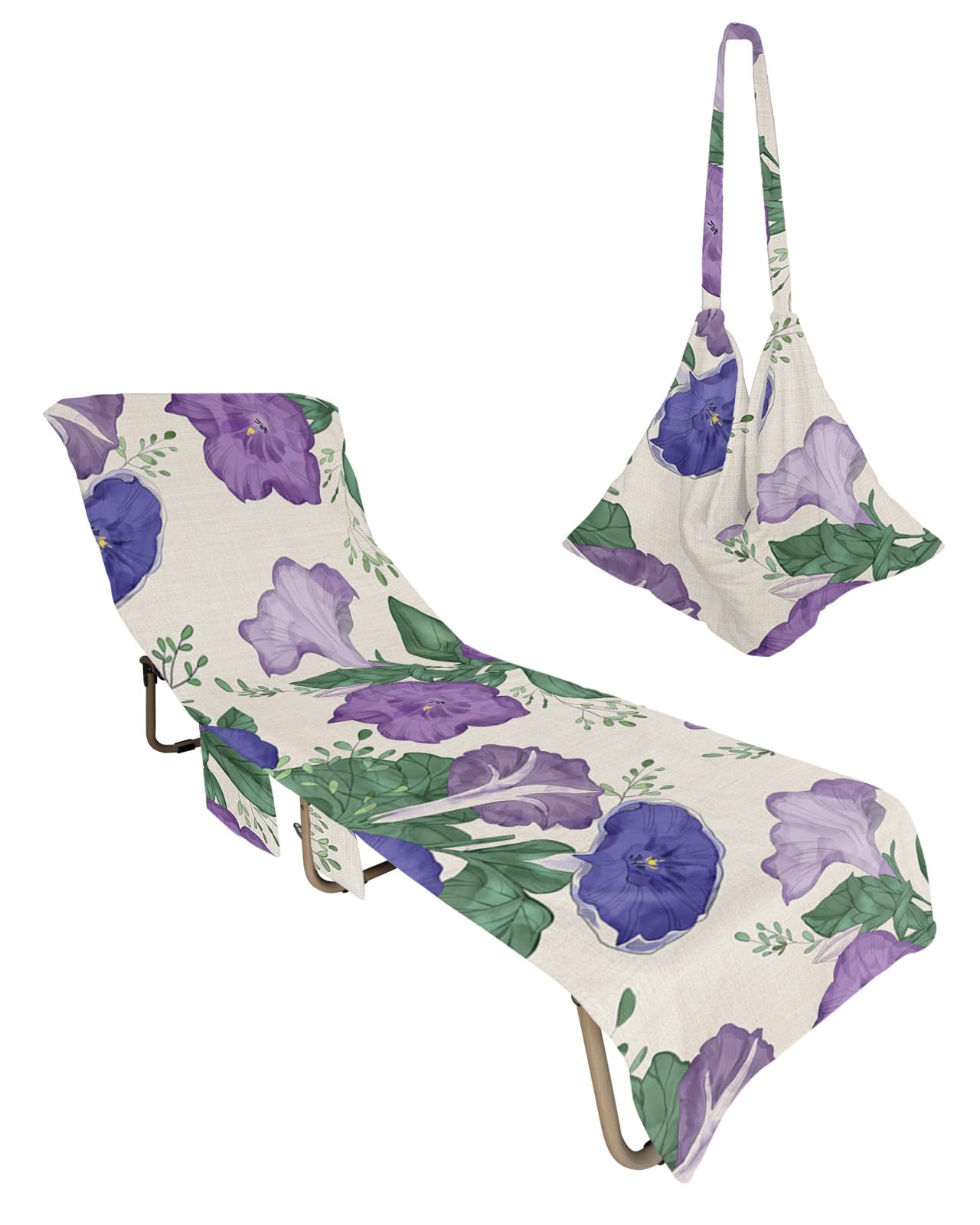 Purple Spring Floral Beach Lounge Chair Towel Cover, Soft Chaise Lounge Towel with Side Pockets Patio Pool Chairs Cover for Beach/Pool Sunbathing 29x85 Green Summer Botanical Watercolor Rustic
