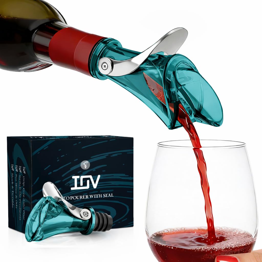 IOV Wine Pour Spout, Upgraded Sealing Liquor Bottle Pourers, Auto Flip Olive Oil Dispenser Spout, Pourer with Dust Caps for Alcohol, Vinegar and Syrup, No-Drip Wine accessories, Blue