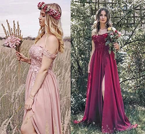 Verngo Bridesmaid Dress For Wedding Off Shoulder Chiffon Formal Dress Long Slit Lace Appliques Evening Gown Champagne,Us 4 #TOP2