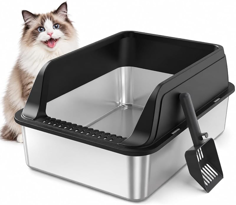 Caixa de Areia para Gatos em Aço Inoxidável com Laterais Altas e Pá FURTIME X-Large, Preta
