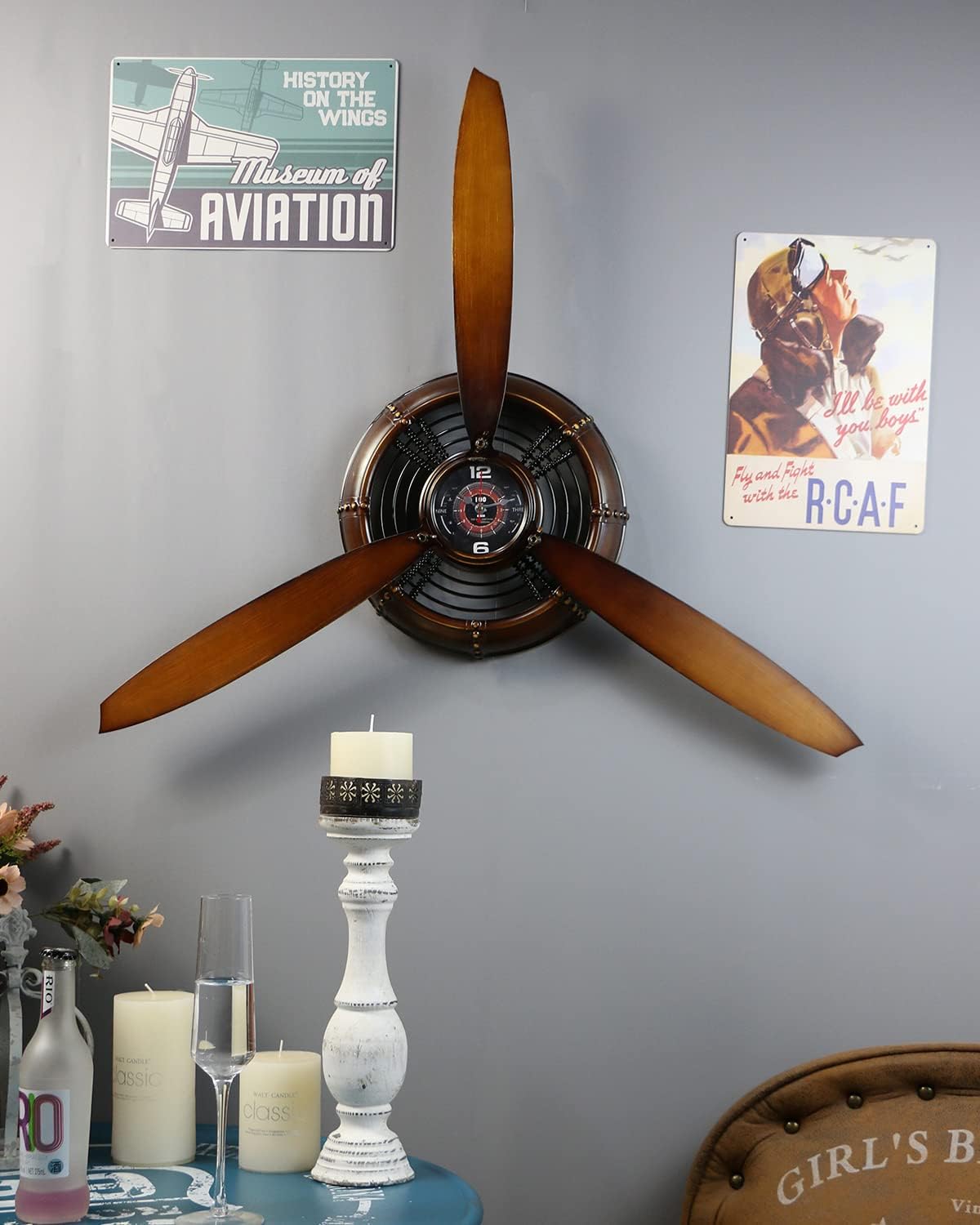 Metal Wall Decor Art Antique Airplane Propeller Aviation Wall Clock for Living Room Bedroom Rustic Wall Sculptures Claybank 29.5×26.4 inches