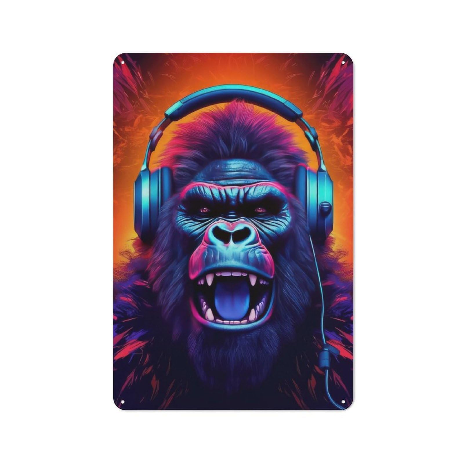 Junmoney Monkey Headphone Dj Music Rustic Metal Sign 30X20cm Featuring For Garage Wall, Suited To Garage Decor Collectors