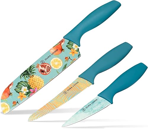 DURA LIVING Juego de 3 cuchillos de cocina tropicales coloridos acero inoxidable antiadherente ultra afilado Santoku de 7 pulgadas utilidad de 5