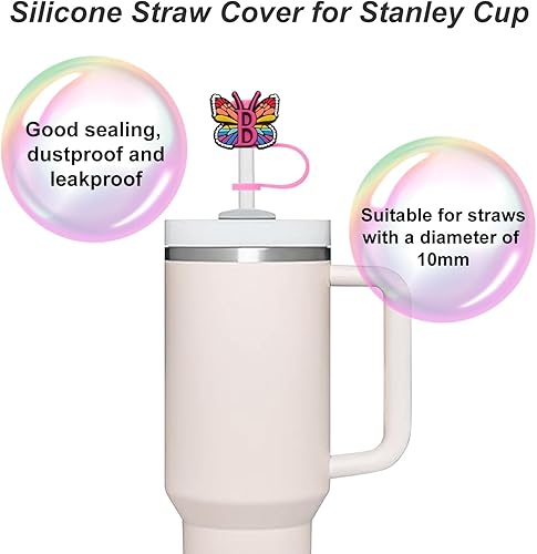Miniatura 8 de Funda de popote de silicona para copa Stanley, cubierta de popote con letra inicial, hermoso estilo de mariposa, compatible con vaso Stanley de 40 y