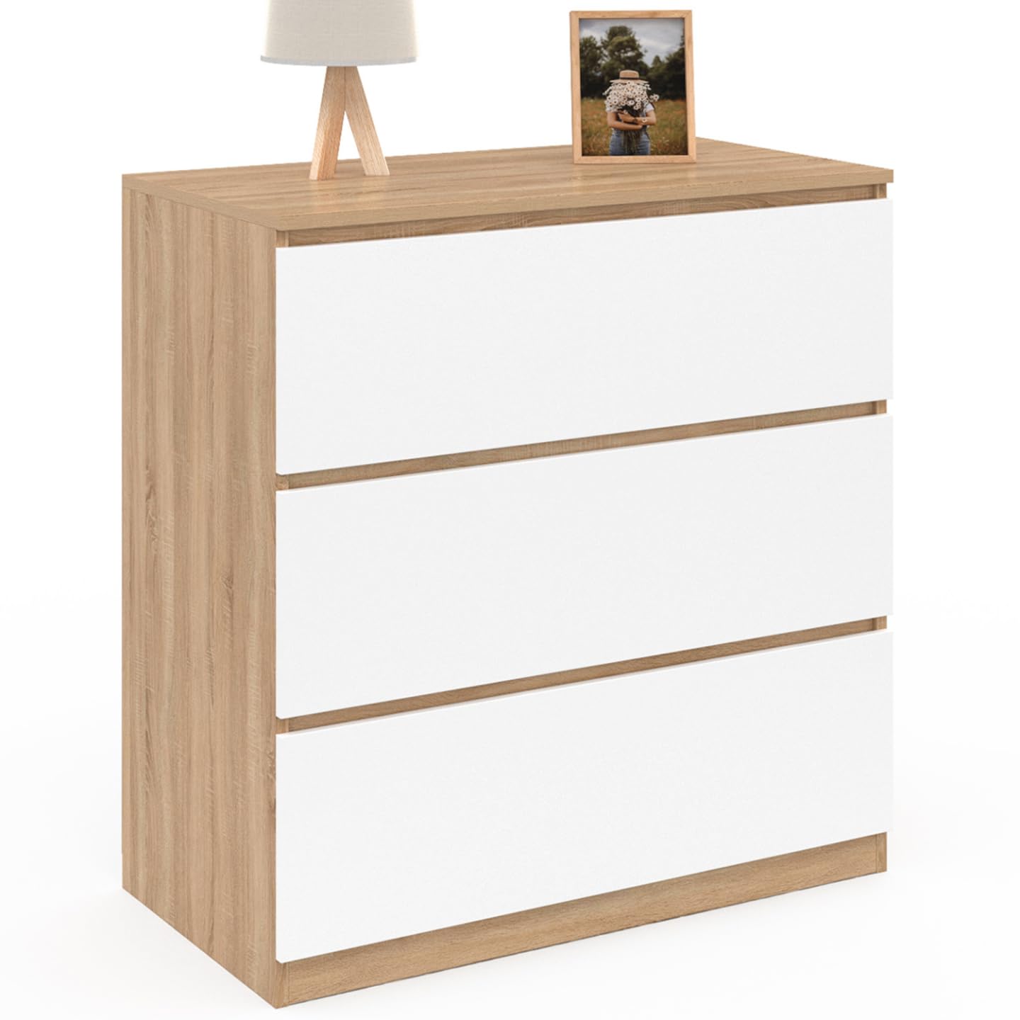 IDMarket TOMI - Cajonera 3 cajones 78 cm en forma de haya y blanco