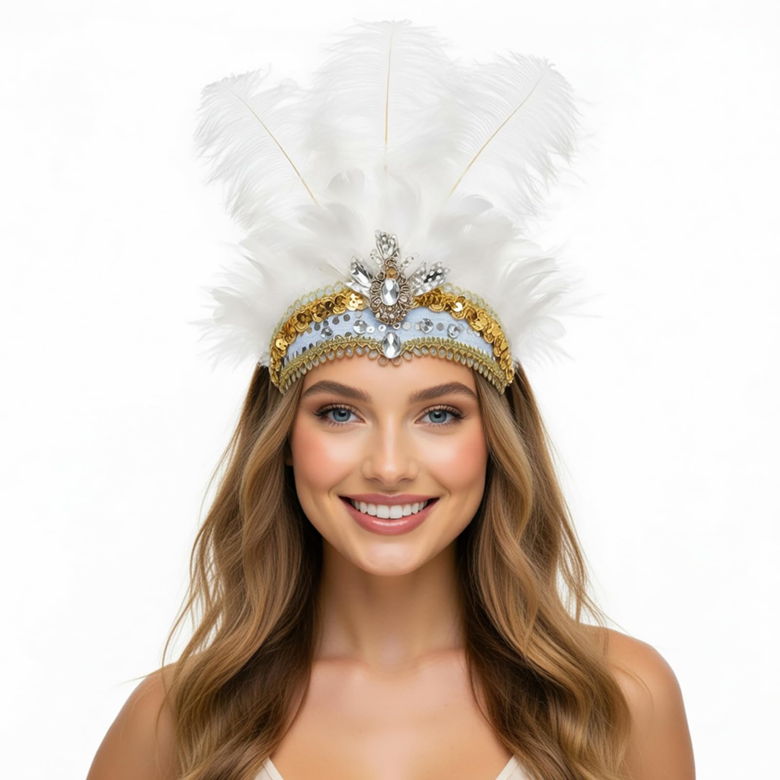 NUXMAW Showgirl Feather Headpiece Carnival Headband Vegas Costume Accessories Rio Mardi Gras Party (White)
