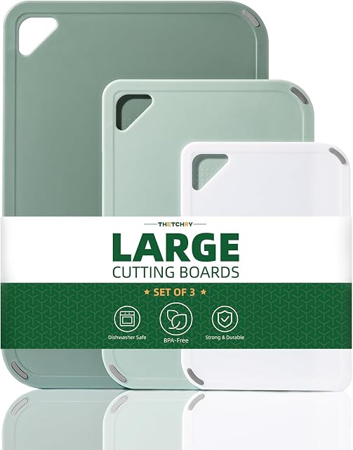 THETCHRY Plastic Cutting Board Set of 3-Cutting Boards for Kitchen BPA Free, Large-Small Chopping Boards Non-Slip for Cooking Camping Dishwasher Safe, Reversible, with Grip Handle, 15"×10"×0.25" Green