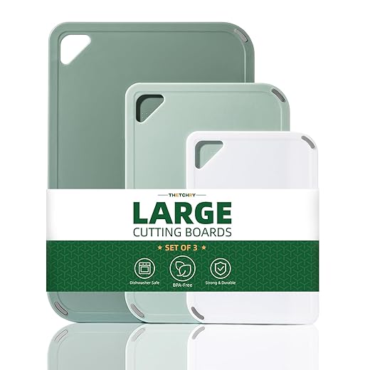 Plastic Cutting Board Set of 3-Cutting Boards for Kitchen BPA Free, Large-Small Chopping Boards Non-Slip for Cooking Camping Dishwasher Safe, Reversible, with Grip Handle, 15"×10"×0.6" Green