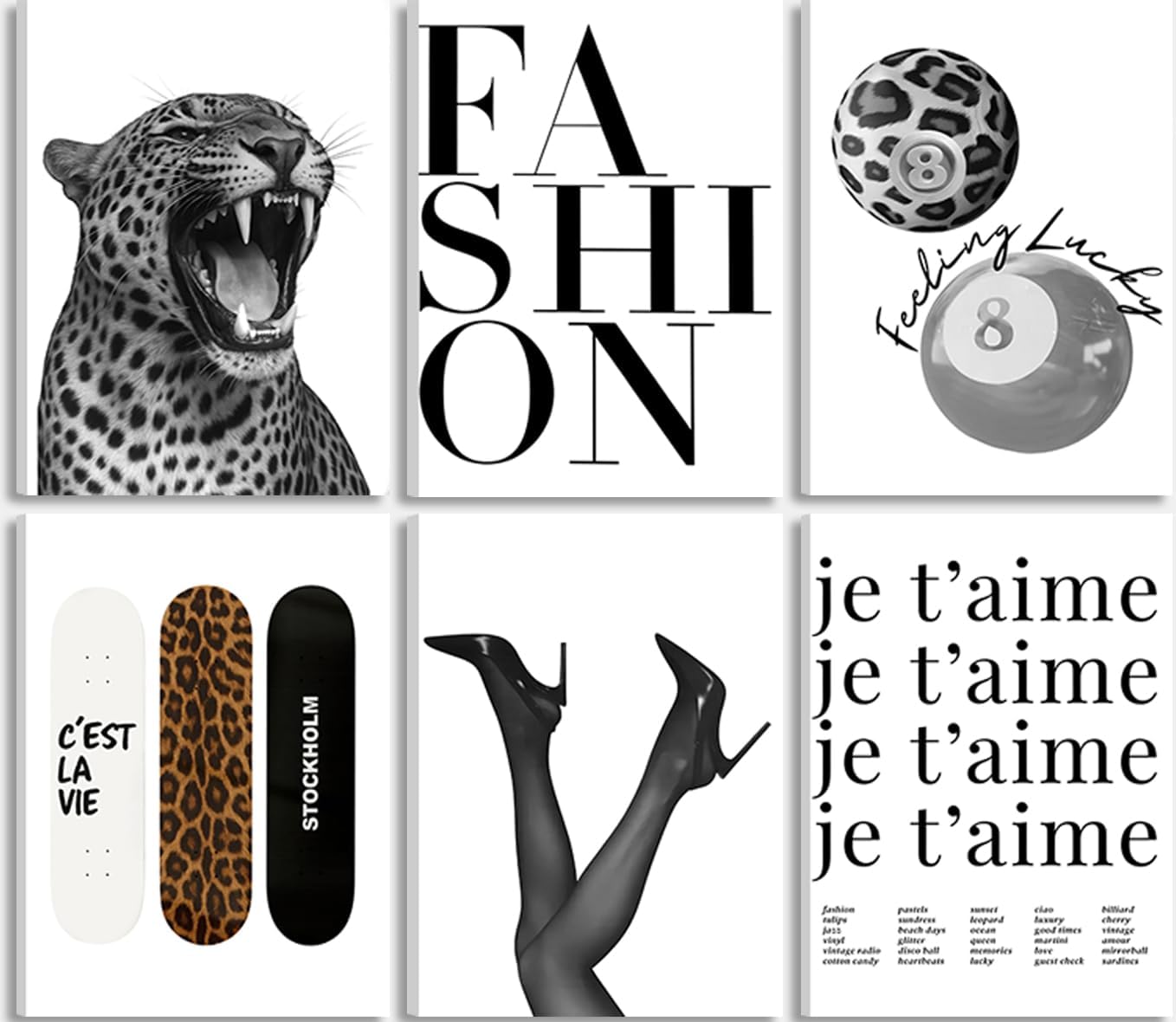 6Pcs Trendy Leopard Canvas Wall Art Fashion Black White Cheetah Posters Artwork Funky Lucky 8 Ball Painting Pictures Wall Decor for Girls Bedroom Apartment Dorm Home Decoration 12x16in Framed