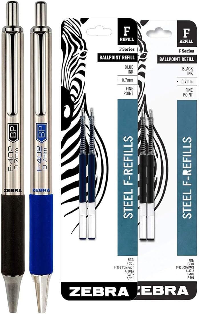 Zebra F-402 Ballpoint Stainless Steel Retractable Pens with Refills, Fine Point, 0.7mm, Black Ink, 12-Count Bundle with Plastic Reusable Pouch