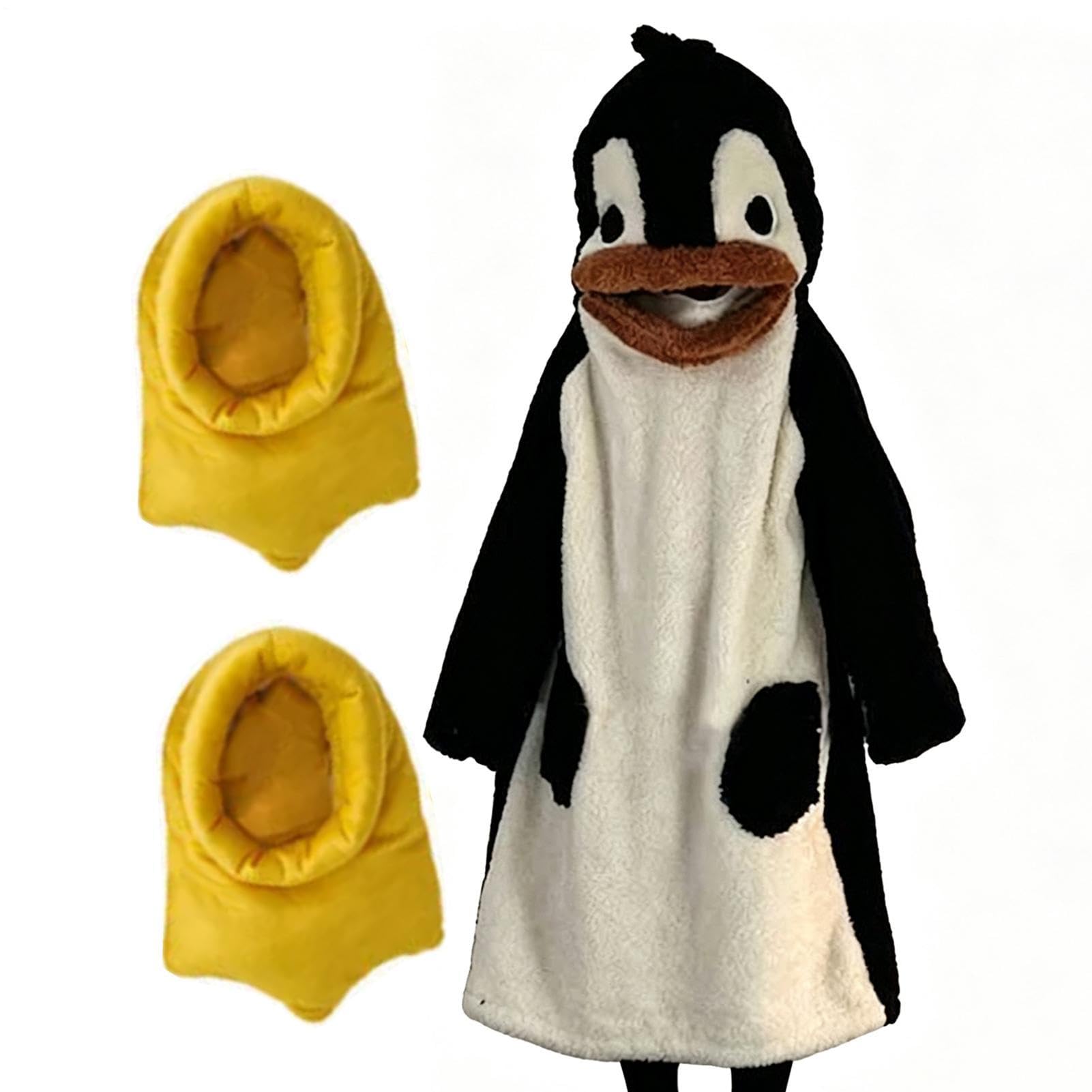 Pinguino - Coperta indossabile con cappuccio, pigiama intero in peluche, biancheria da notte con maniche, calda tuta con cappuccio, per adulti, bambini, casa, soggiorno, dormitorio, feste