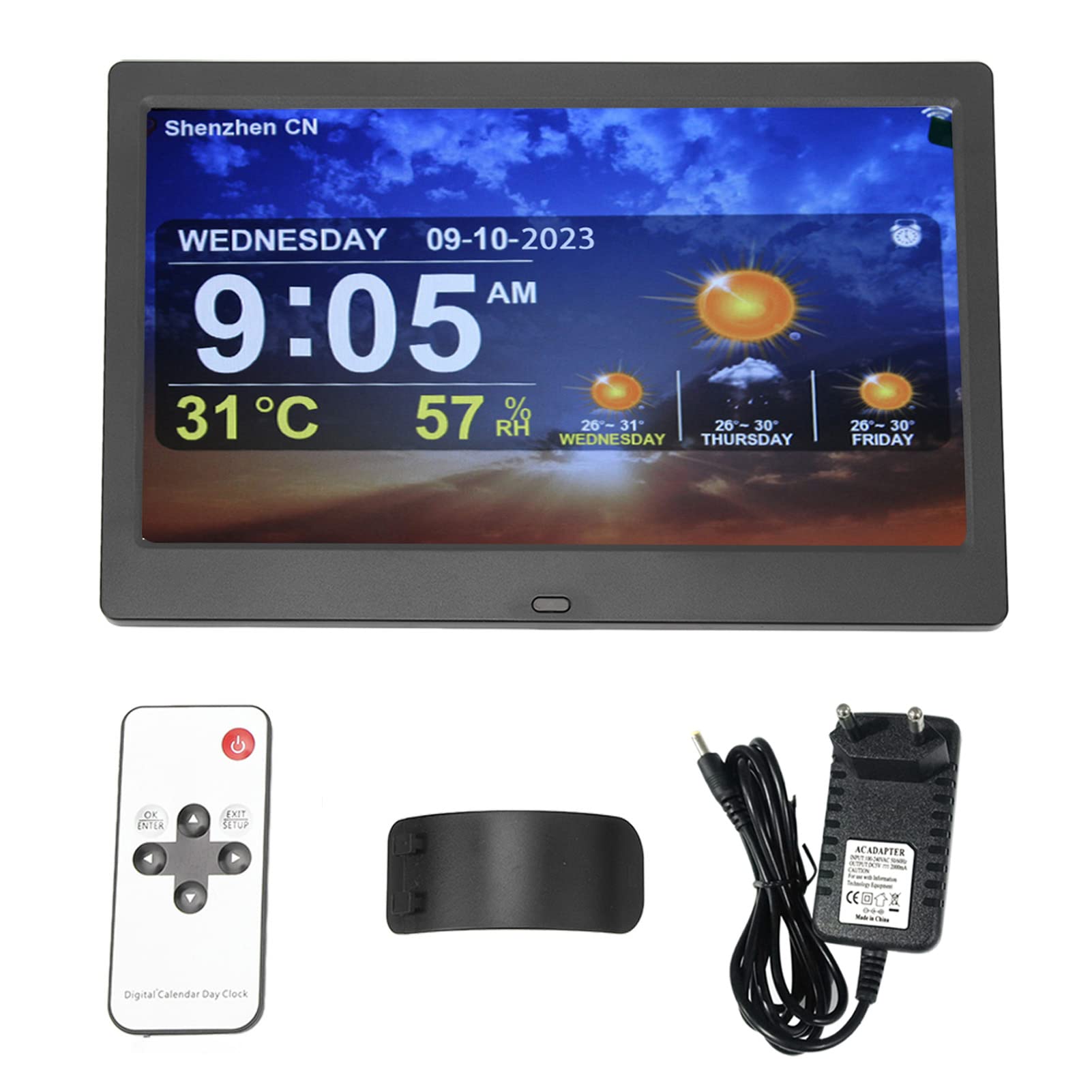 Fockety Reloj digital grande de 10 pulgadas para demencia con 5 alarmas personalizadas, calendario digital regulable, con día y fecha para enfermedades (enchufe europeo)