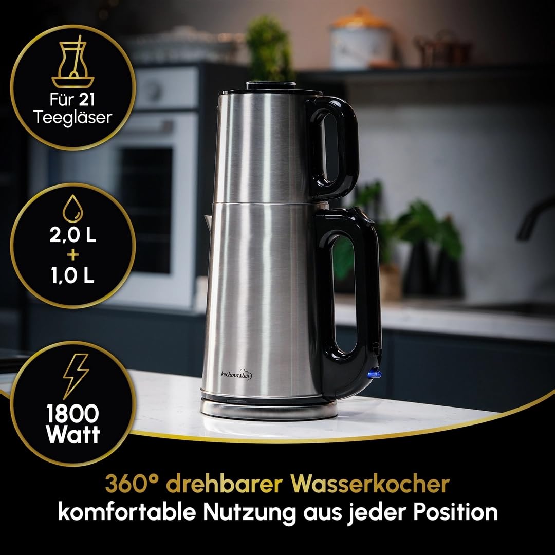 Dem Efendi Teekocher – 2,0L + 1,0L, 1800W, Edelstahl Teemaschine, Warmhaltefunktion, 360° Basis, Türkischer Teekocher