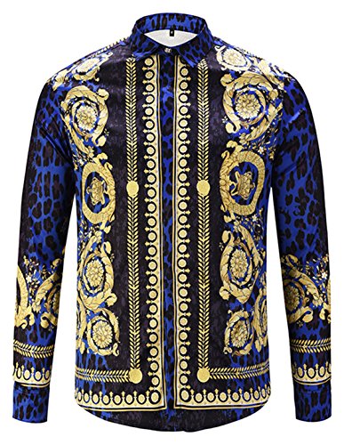 PIZOFF Mens Hipster Casual Button Down Dress Shirt Long Sleeve Luxury Gold Print Designer for Party Night Club Y1792-63-XL