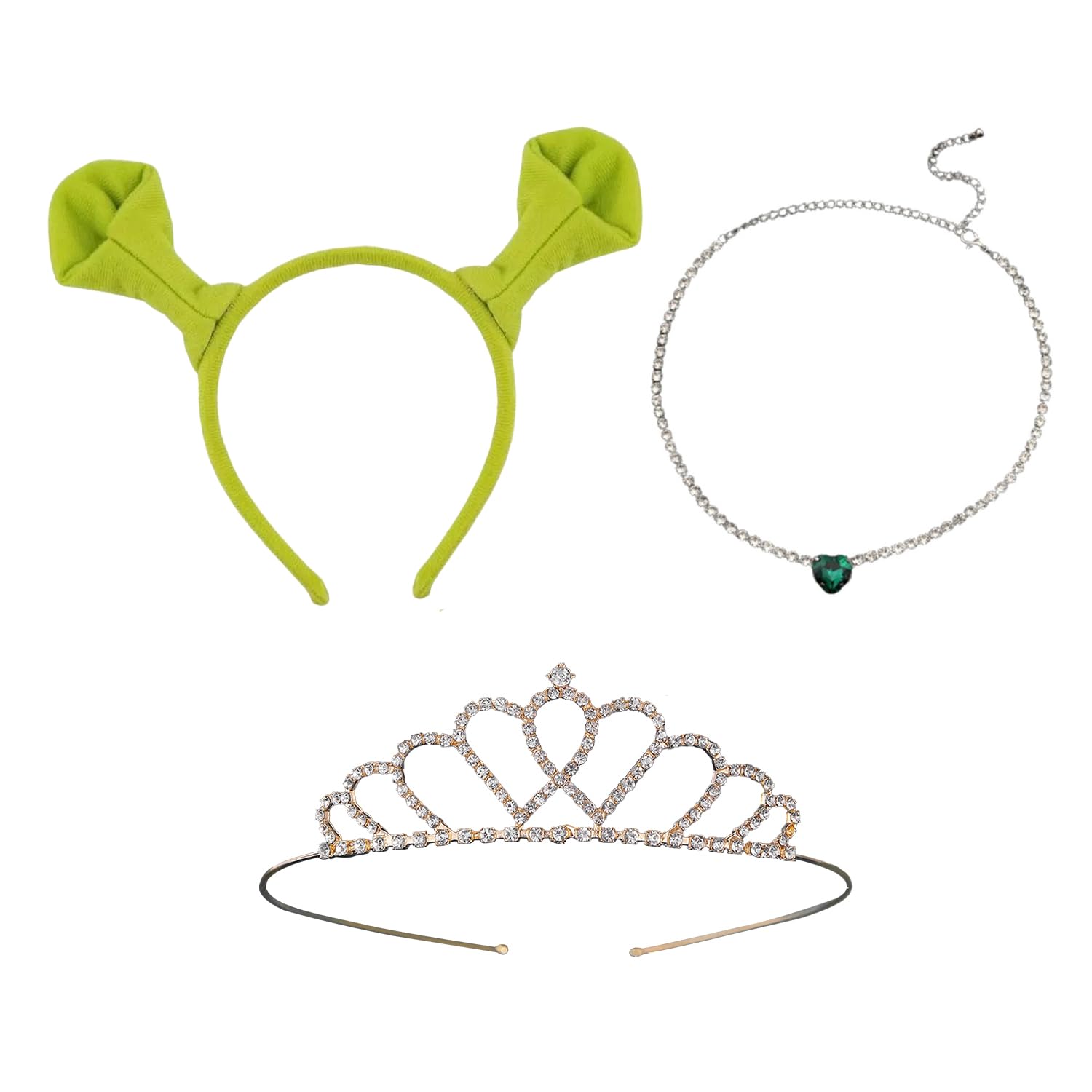 DVOFU 3Pieces Princess Crown Set Ears Headband Gold Heart Crown Silver Necklace Halloween Cosplay Accessories for Green Ogre Costume Themed Party