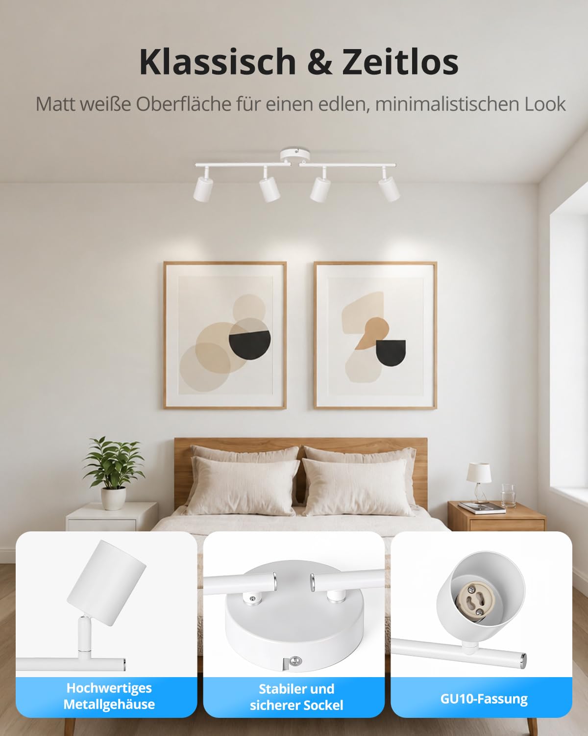 Gr4tec Deckenstrahler Weiß 4 Flammig, GU10 Deckenlampe Strahler Schwenkbar