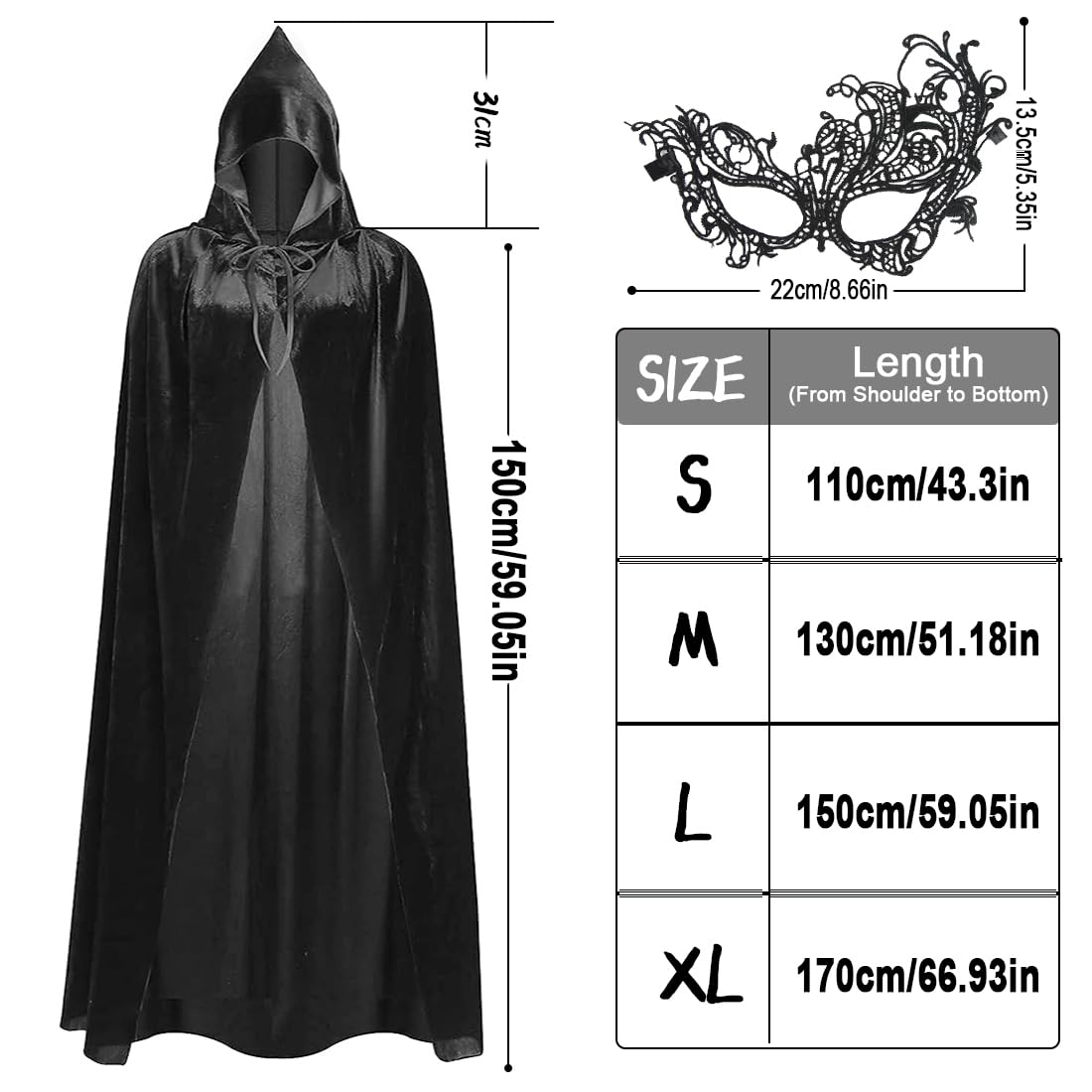 WELLXUNK Vampir Umhang Set - 3-teilig Schwarz Mit Maske & Fingerkette