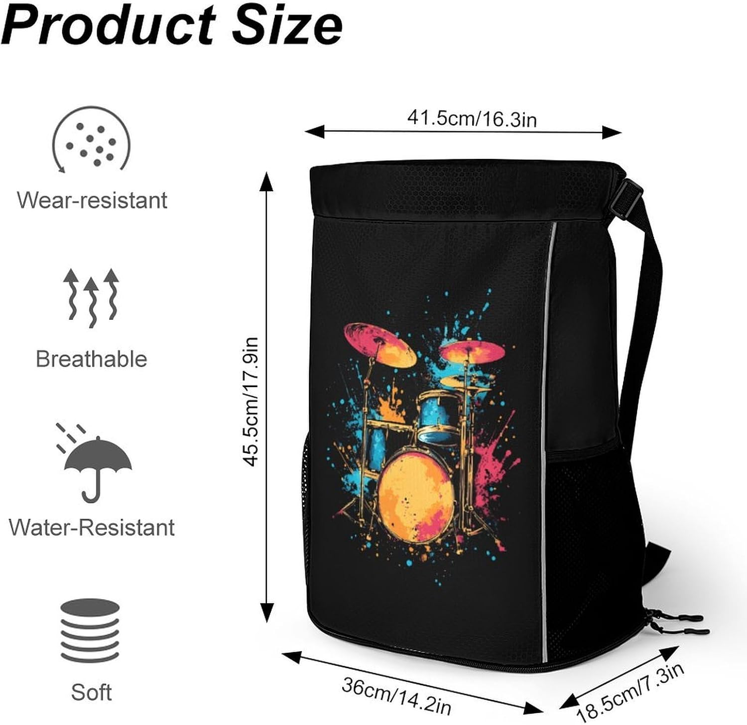 Colorful Drum Set Drawstring Backpack with Shoes Compartment Sport Gym String Casual Bag Sackpack image 2