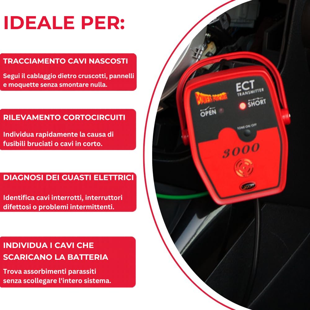 Power Probe ECT3000B Tracciacircuiti Elettronico — Localizzatore di Cortocircuiti & Circuiti Aperti, Trasmettitore & Ricevitore 12-24V per Diagnosi Cablaggio Auto