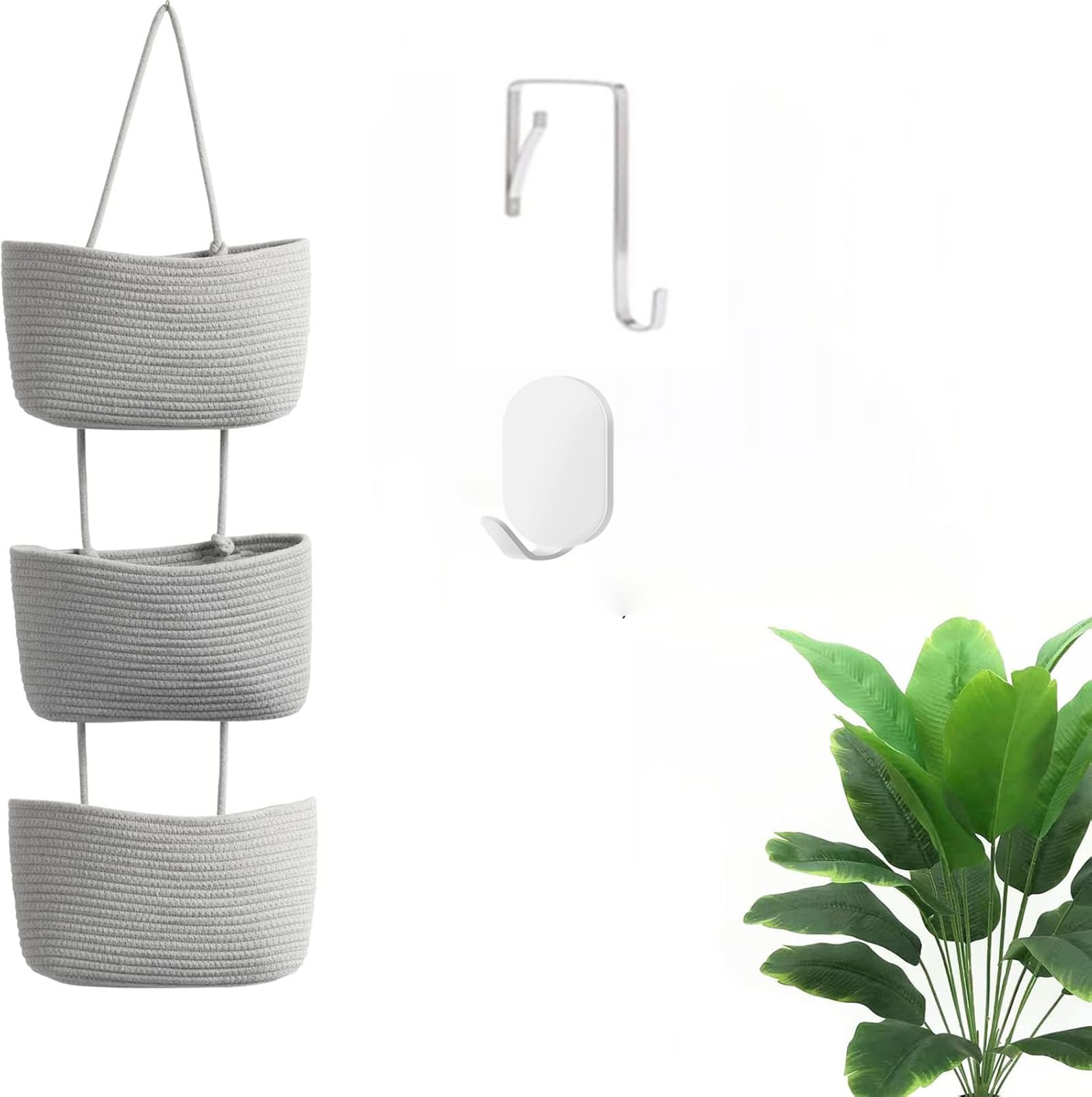 Wycoroy Hanging Baskets for Organizing,3-Tier Woven Cotton Over the Door/Wall-Mounted Storage Organizer Bag Decorative,Kitchen,Living Room,Bedroom,