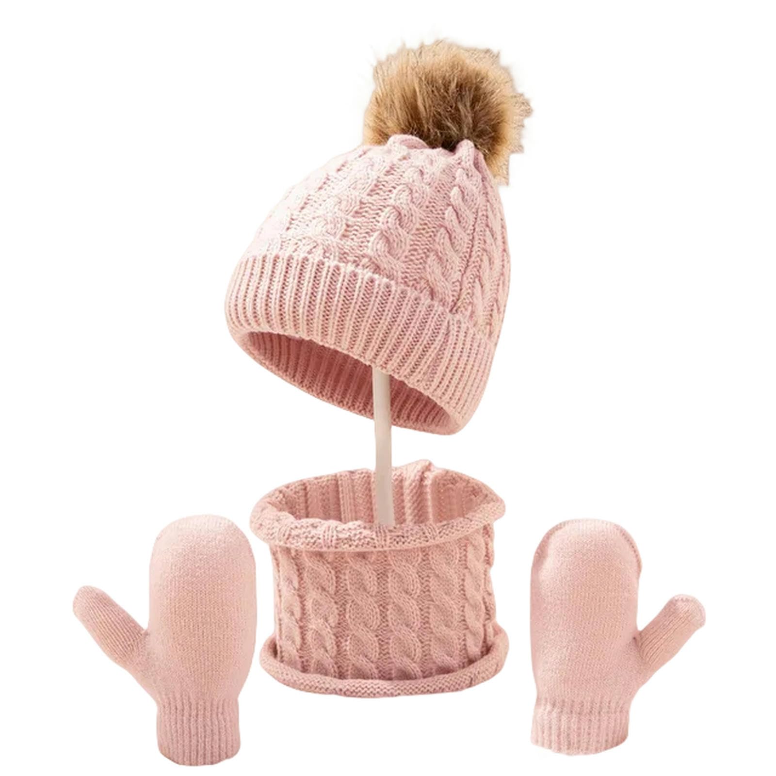 Set di 3 Cappelli Invernali per Neonati, Sciarpa, Guanti, Berretto in Tinta Unita con Pompon, Cappelli Lavorati a Maglia, Accessori per Neonati Caldi e Carini (Set di 3 Pezzi FEN Light A)