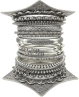 NaariBhav dharvi silver oxidised bangles set of 8 for women - german silver brass oxidised etched statement bangle stack, 