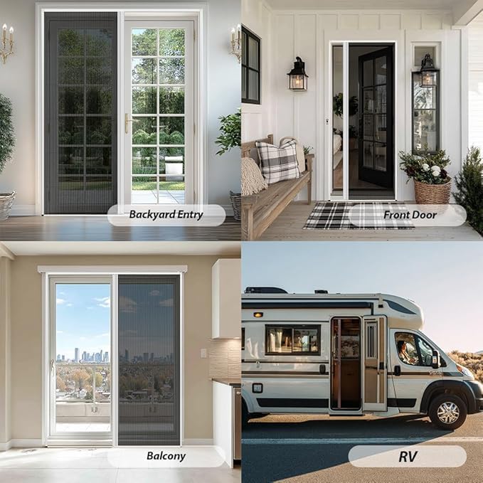 Custom Size Retractable Screen Door with Aluminum Frames and Durable Mesh Keeps Bugs Out No Drill Installation Made in Canada No Duties (White Frame)