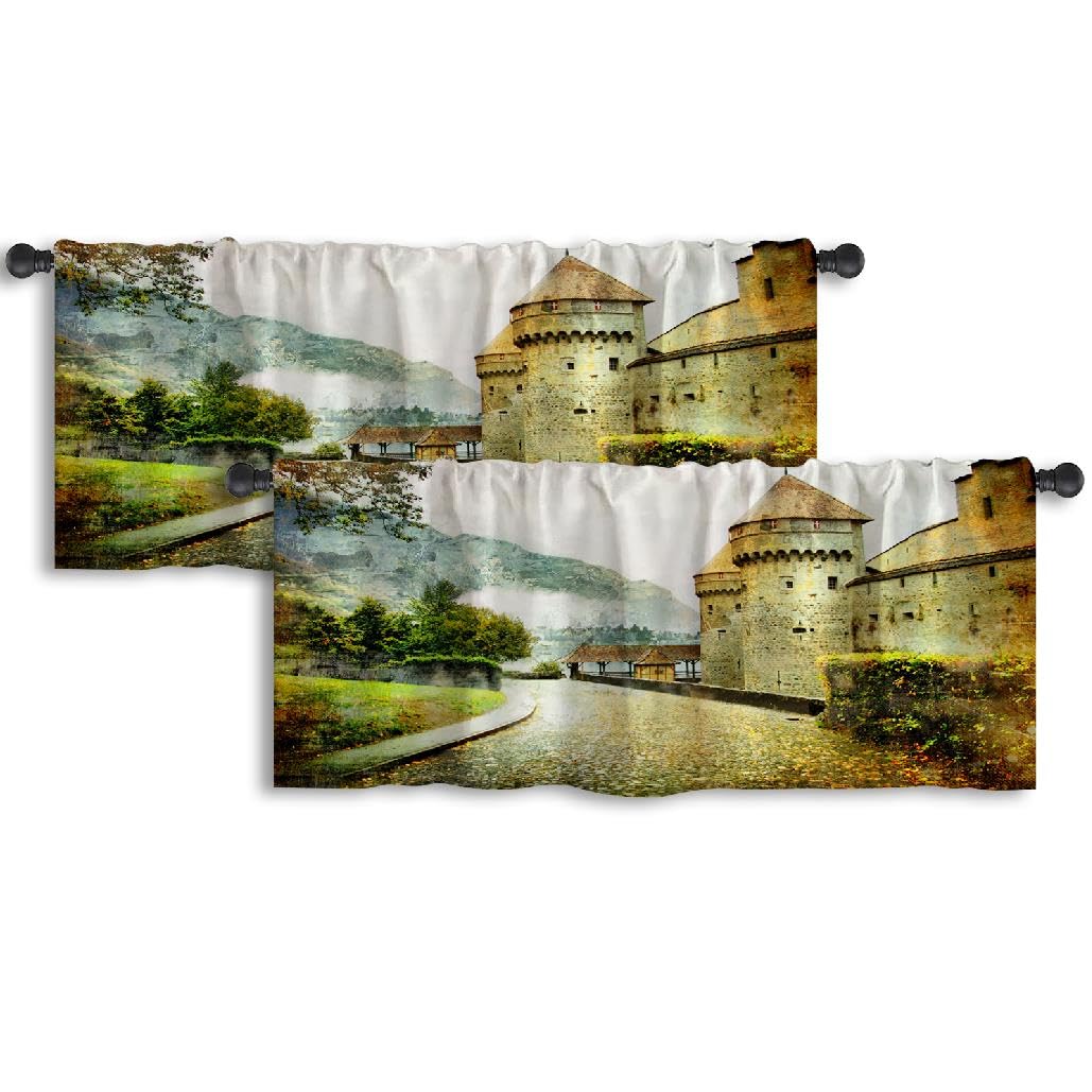 Old Autumn Old Kitchen Window Curtains Over Sink Kitchen Curtains Valances Swiss Castle Artistic Picture Old Collection Oil Curtains for Kitchen Living Room Bathroom Set of 2, 52x18 Inch