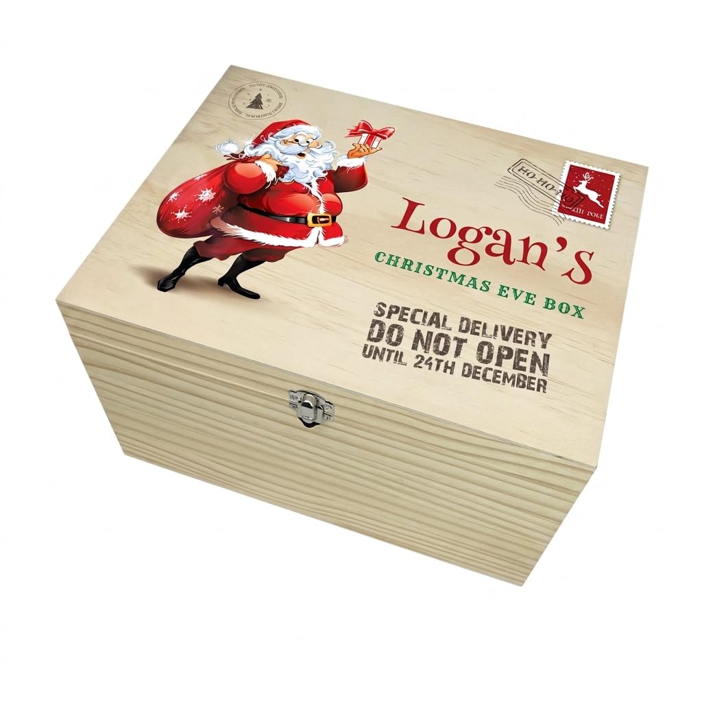 The Lovely Keepsake Company Personalised Santa Christmas Eve Box | Custom Name | Pine Wood Box with Metal Hinges & Clasp | Christmas Eve Gift | W36cm x D26.9cm x H20cm