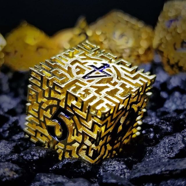 Sage's Portal Labyrinths DND Dice Set 7-Pc Hollow Metal Weave Polyhedral Dungeons and Dragons TTRPG Pathfinder Dice Set (Gold)