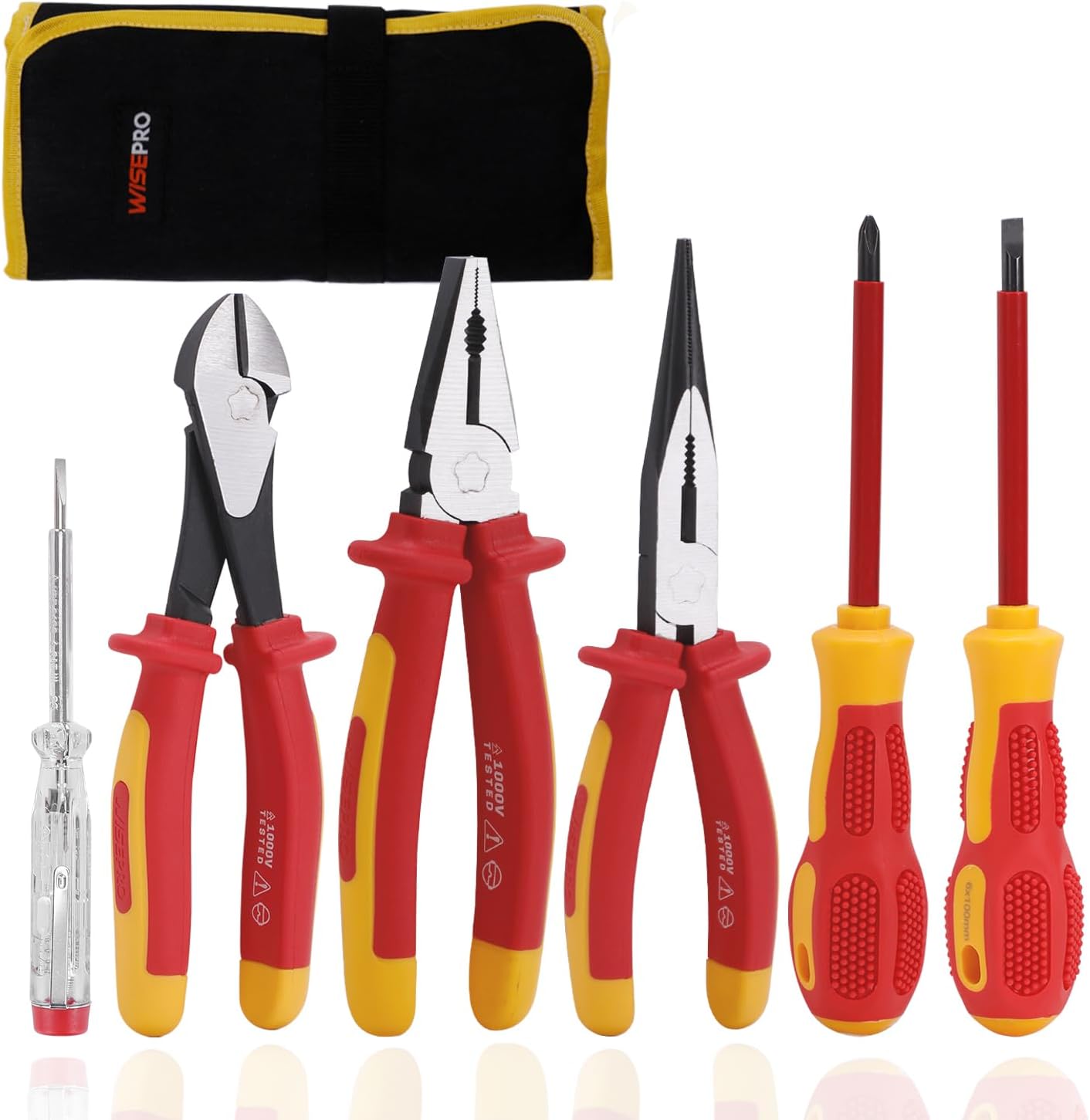 1000V Insulated Screwdriver and Pliers Set, 7 PCS Insulated Electrician Tool Set with Phillips and Slotted Screwdrivers, Voltage Tester Pen, Linesman Plier, Diagonal and Long-Nose Pliers