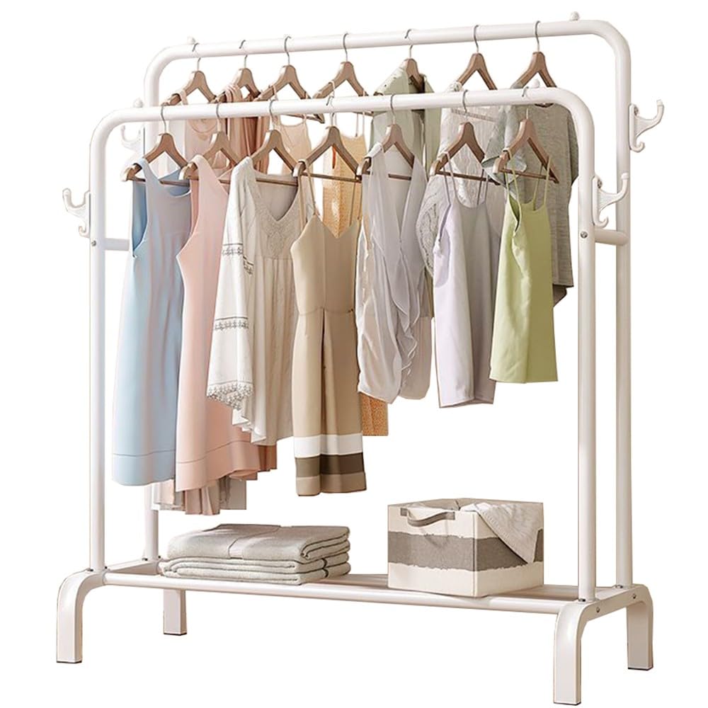 VetEur Metal Clothes Rail, Double Rails Garment Rack,Clothes Rack,Metal Rail Freestanding Clothing Rail Coat Rail with Bottom Rack for Coats, Skirts, Sweaters/B/130 * 52 * 150Cm