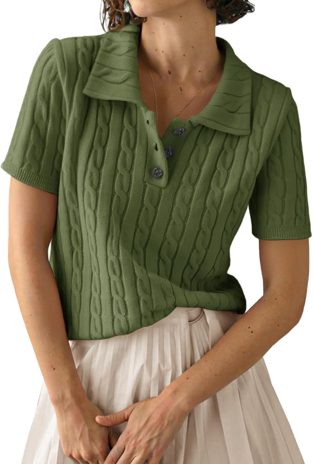 Imily Bela Womens Polo V Neck Pullovers Lightweight Short Sleeve Cable Knit Sweater Business Casual Summer Tops 2025