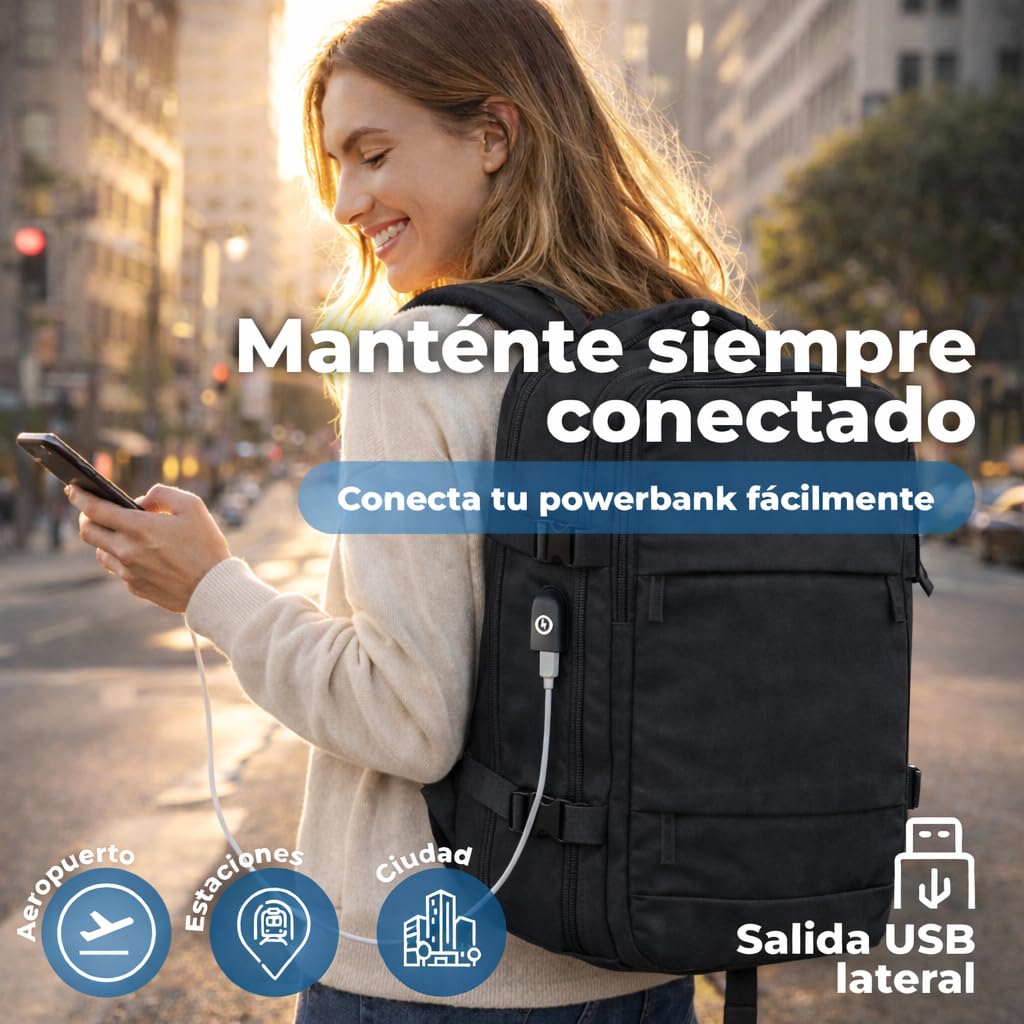 Mochila Viaje Cabina Avion 40x20x25 compatible con Aerolineas Maleta Cabina con apertura 180°, puerto USB y compartimentos organizados Mochila Viaje ligera impermeable Mochila Mujer (Negro)