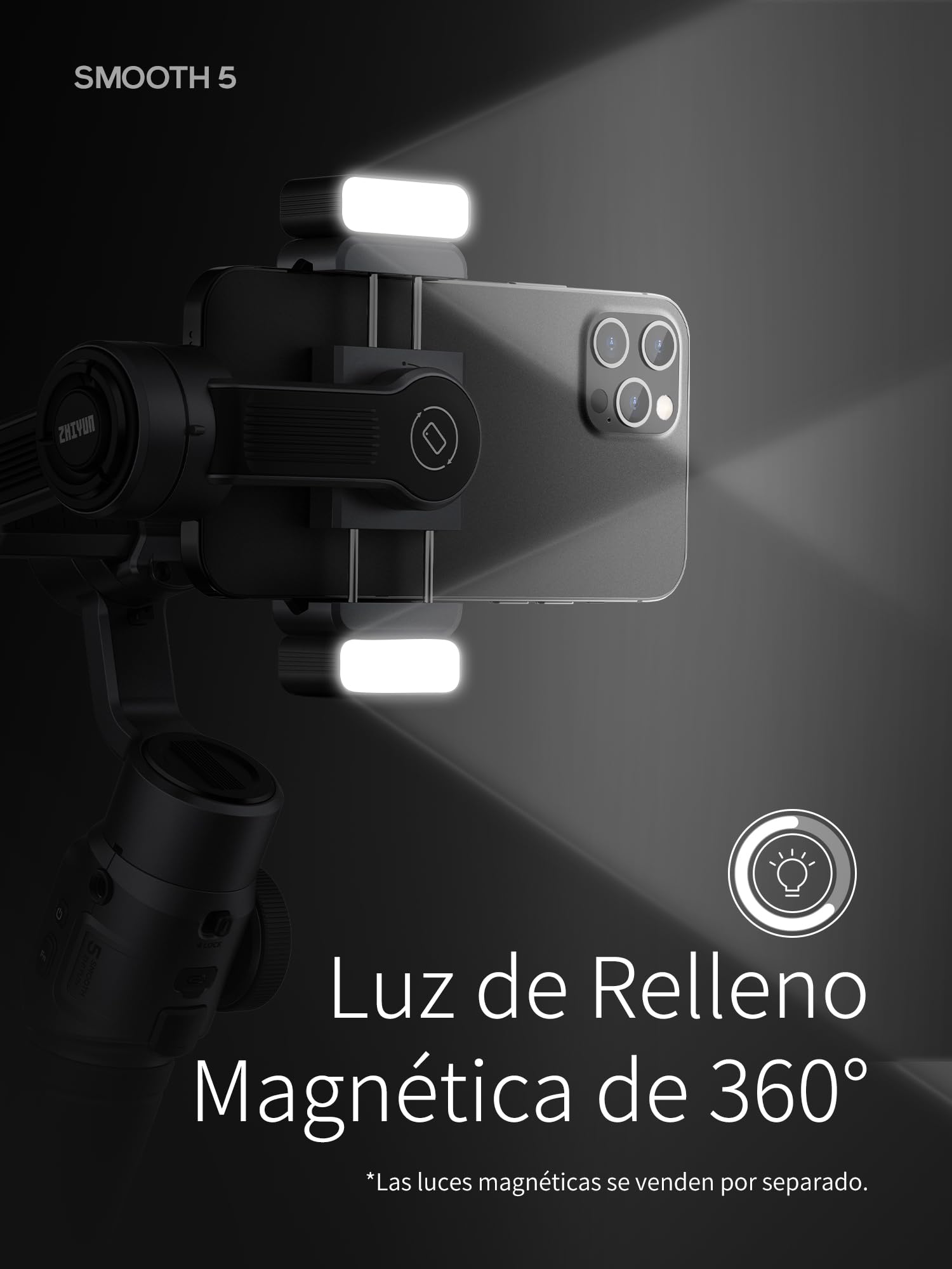 ZHIYUN Smooth 5 Combo [Oficial] Estabilizador Smartphone 3 Ejes Teléfono Gimbal para iPhone y Android, con trípode, Bolsa, 2 Luz 300lm y Zoom para Vlog, Youtube y TikTok
