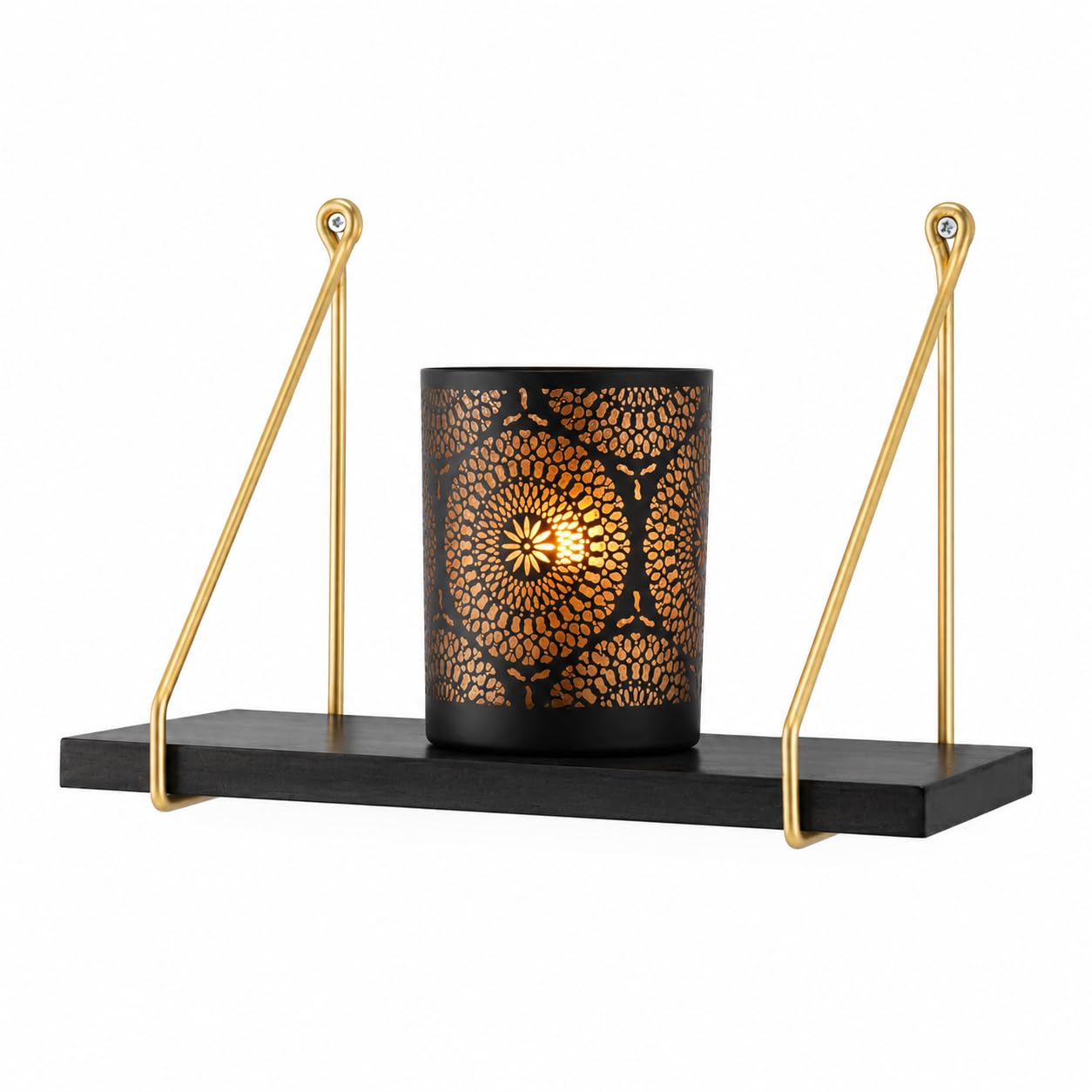spot on dealz® Floating industrial wall 40 cm length Black wooden hanging Shelves small with Golden metal wire Living room furniture