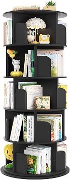 iSunirm 5-Tier Wooden Rotating Bookshelf 360 Display Floor Standing Bookcase Storage Rack for Kids&Adults Multi-Functional Bookshelf Organizer,Black