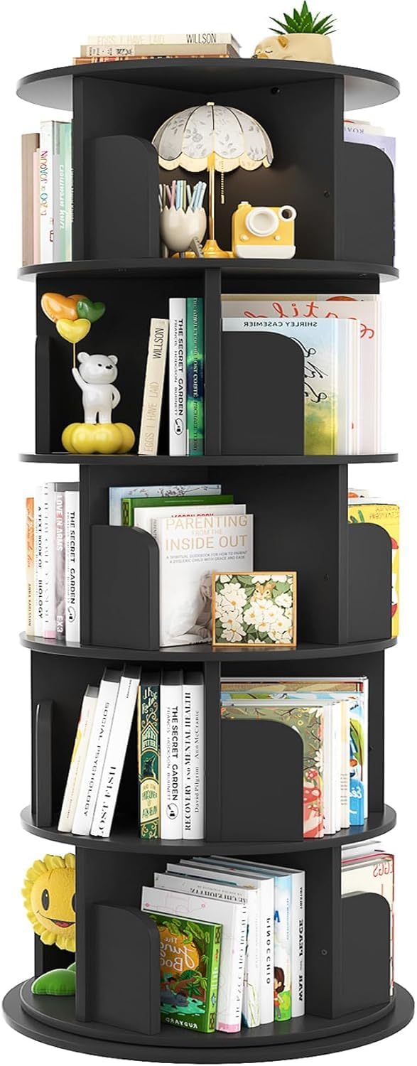 iSunirm Libreria Girevole,Scaffale Per Libreria Da Terra A 5 Livelli,Scaffale Portaoggetti per Bambini e Adulti,Stretto In Legno Per Camera Da Letto, Soggiorno,Nero