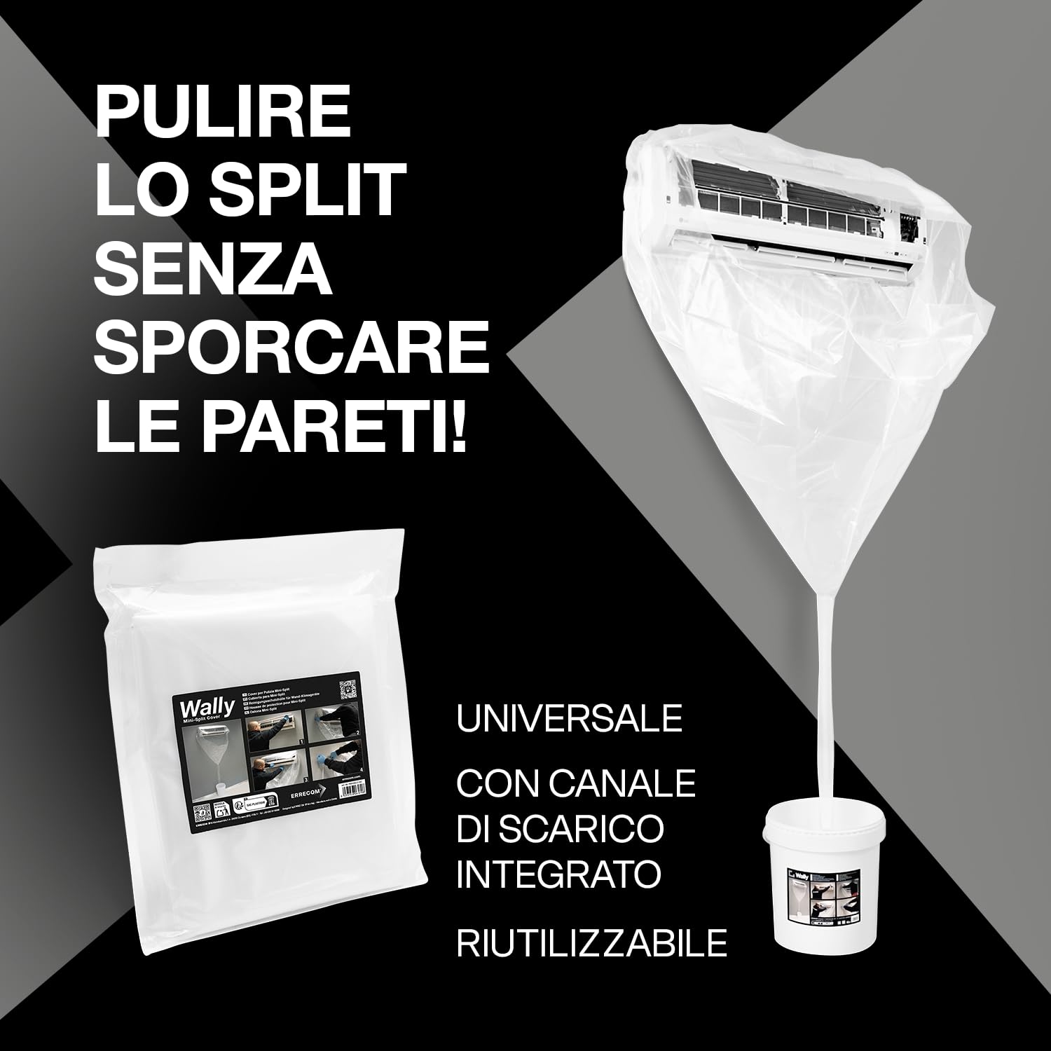 Errecom Kit Pulizia e Disinfezione Climatizzatori, Clima-Bact Detergente Disinfettante Biocida Registrato 1 L + Wally Cover Protezione Split + A/C Tabs 40Pastiglie Climatizzatore ad Azione Prolungata