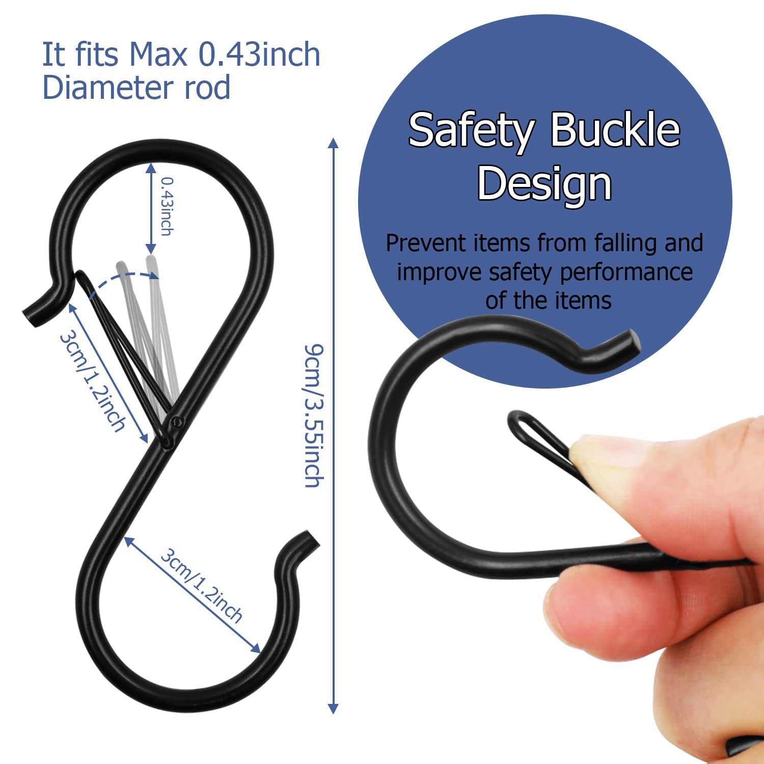 Abnaok S Hooks for Hanging, Heavy Duty Safety Buckle Design Metal Black S Hooks for Hanging Kitchenware, Pots, Pans, Plants, Clothes, Cups, Towels in Kitchen, Bathroom, Closet, Garden (10)
