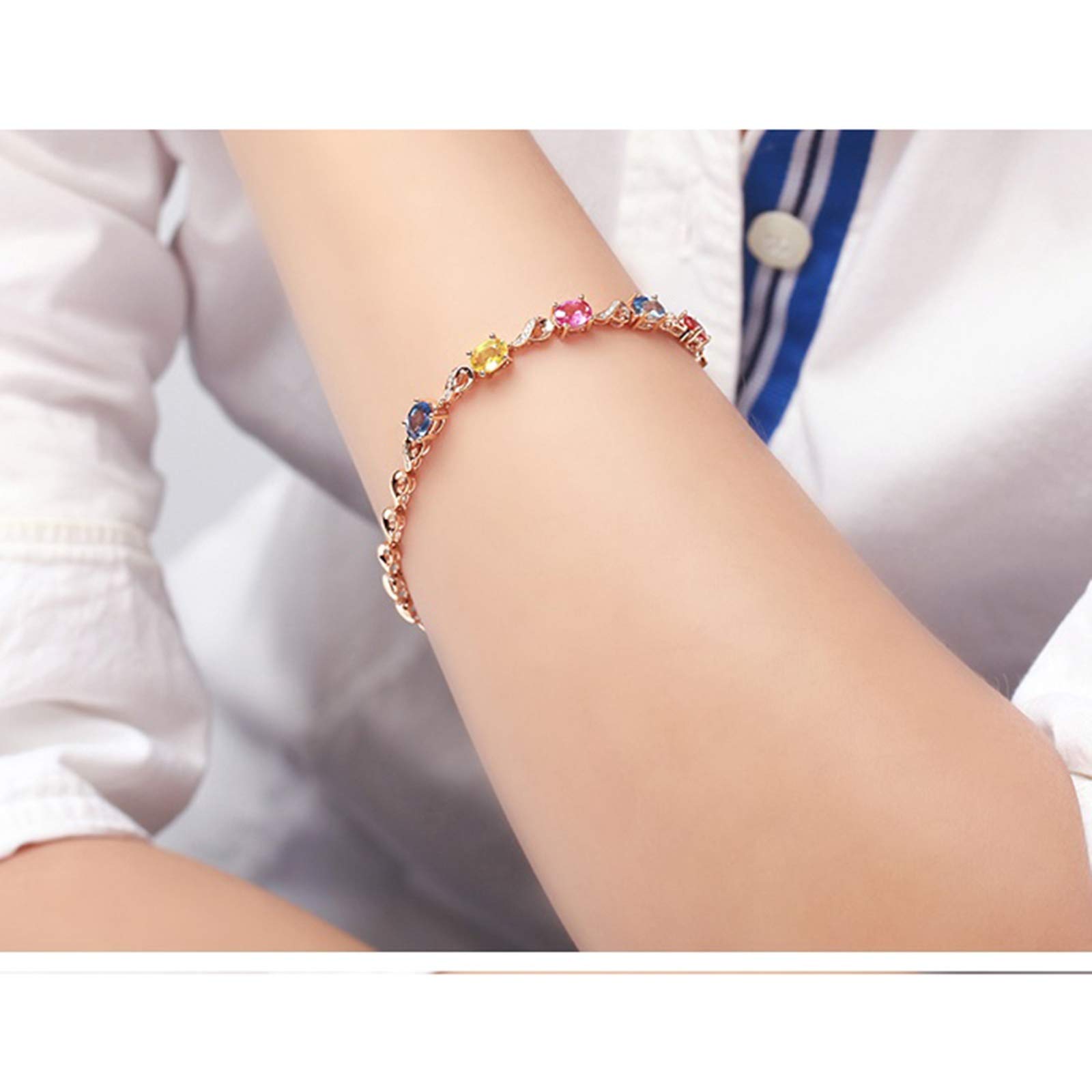 ZH1YFD Pulsera de Zafiro Oro Rosa, Eslabón de Barra con Zafiro Multicolor 2.724ct Pulseras en Joyería de Mujer 16+3CM