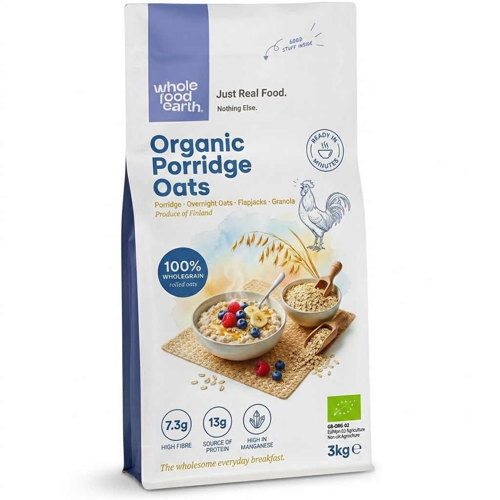 Wholefood Earth® Organic Porridge Oats 3kg | Rolled Oats | High Fibre | Low GI | Vegan | EU Organic