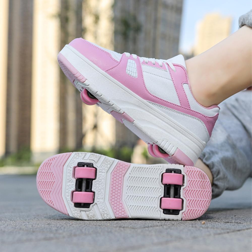 Kids Roller Skates Shoes Sneakers for Boys & Girls, Unisex Outdoor Parkour Shoes with 4-Wheels Trainer Skateboarding Shoe Retractable Skating Shoes for Children's Park Sports Walking