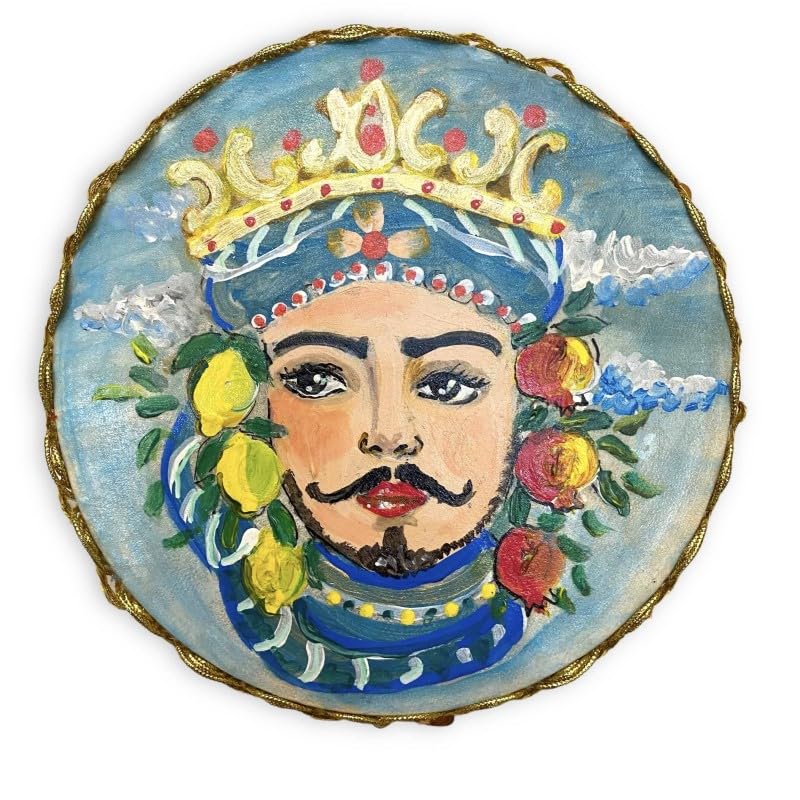SICILIA BEDDA CAPACI Tambourin sicilien avec hochets - Moyen - en Bois et Cuir véritable - Ø Environ 15 cm (1pc) Peint à la Main, 2 décorations Dispo - Décorum 1