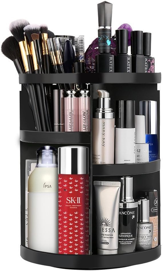Etmury 360 Rotating Makeup Organizer Storage Holder Adjustable Make Up Caddy Spinning Bathroom/Vanity Countertop Shelf Save Space Carousel Cosmetic Accessries Display Case Round Black