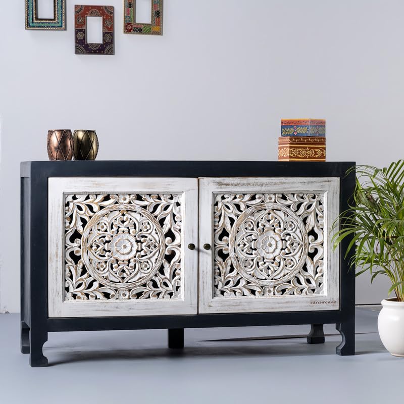 Image of Yepa Wooden Sideboard Cabinet for Living Room | Handcrafted Solid Wood Storage Cabinet with Carved Doors | Crockery Cabinet for Home | Crockery Furniture for Home (White and Grey)