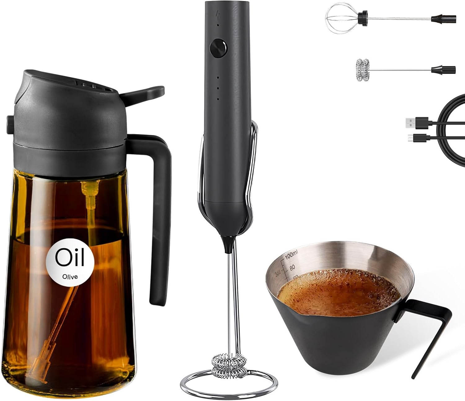 YARRAMATE 16oz/470ml Glass Olive Oil Sprayer (Black), 100ml Metal Measuring Cup and Rechargeable Milk Frother